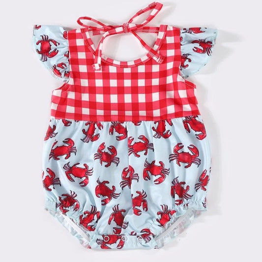 Crab Print Red Plaid Girl Ruffle Bubble - Gibs+Grady