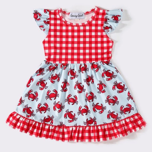 Crab Print Red Plaid Ruffle Dress - Gibs+Grady