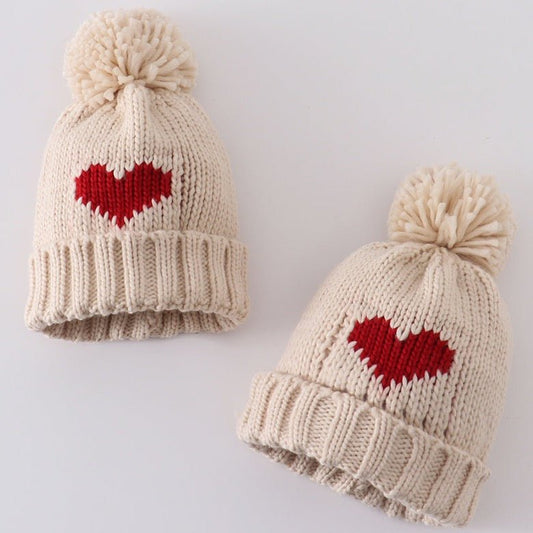 Cream Heart Knit Pom Pom Beanie Hat - Gibs+Grady