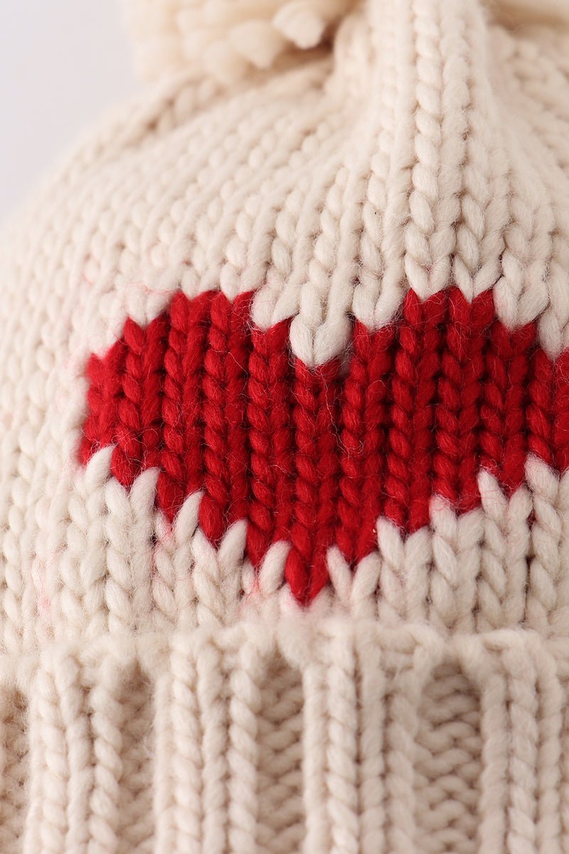 Cream Heart Knit Pom Pom Beanie Hat - Gibs+Grady