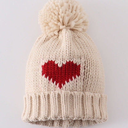 Cream Heart Knit Pom Pom Beanie Hat - Gibs+Grady