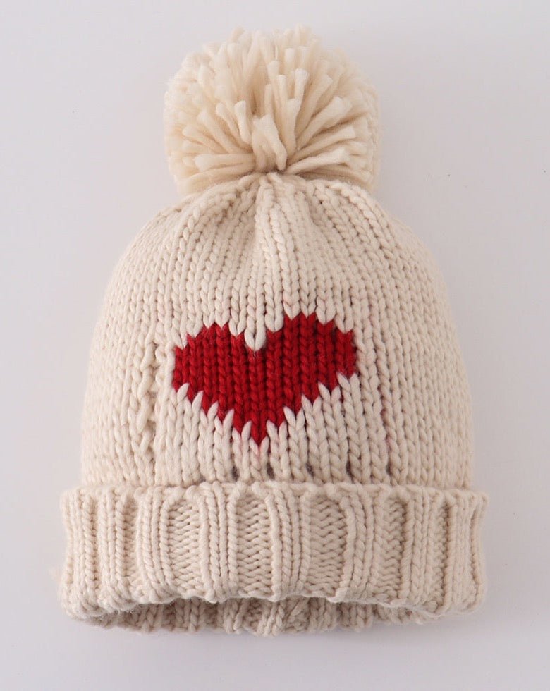 Cream Heart Knit Pom Pom Beanie Hat - Gibs+Grady