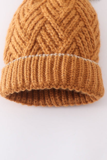 Cross Cable Knit Pom Pom Beanie Hat - Camel - Gibs+Grady