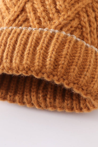 Cross Cable Knit Pom Pom Beanie Hat - Camel - Gibs+Grady