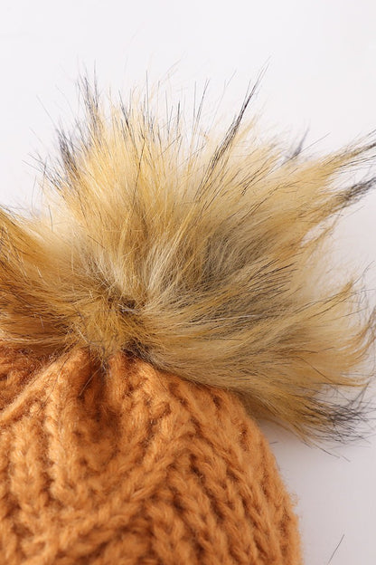 Cross Cable Knit Pom Pom Beanie Hat - Camel - Gibs+Grady