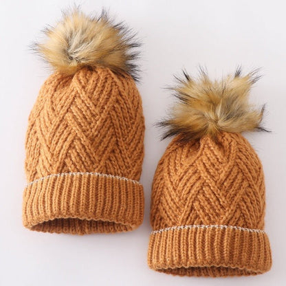 Cross Cable Knit Pom Pom Beanie Hat - Camel - Gibs+Grady