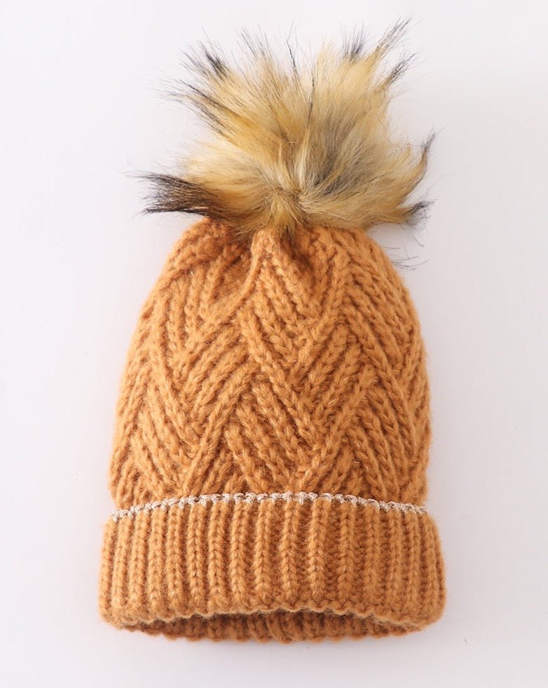 Cross Cable Knit Pom Pom Beanie Hat - Camel - Gibs+Grady