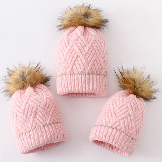 Cross Cable Knit Pom Pom Beanie - Pink - Gibs+Grady