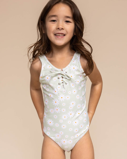 Green Daisy Print One Piece Girl Swimsuit - Gibs+Grady