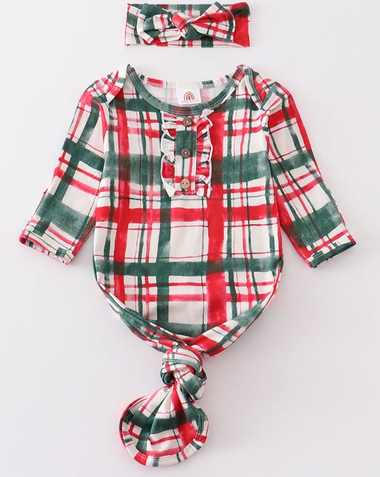 Green Plaid Bamboo Baby Gown + Hairband - Gibs+Grady