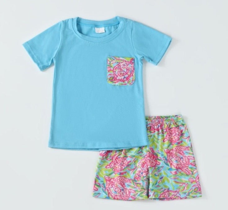 Lily Turtle Print Blue Boy Set - Gibs+Grady