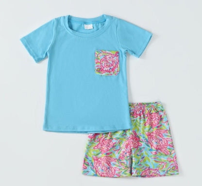 Lily Turtle Print Blue Boy Set - Gibs+Grady