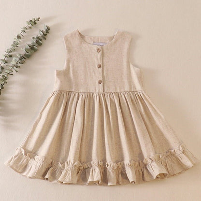 Linen Beige Ruffle Button Dress - Gibs+Grady