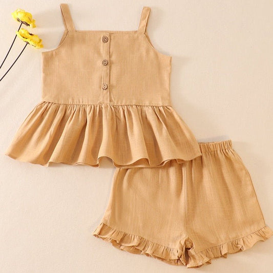 Linen Beige Ruffle Shorts Set - Gibs+Grady