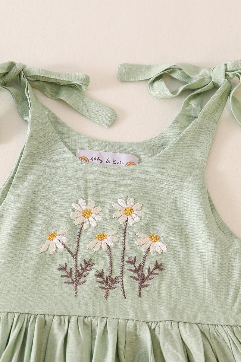 Linen Daisy Embroidered Sage Dress - Gibs+Grady