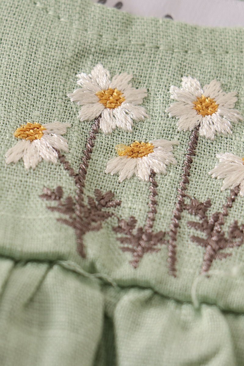 Linen Daisy Embroidered Sage Ruffle Strap Bubble - Gibs+Grady