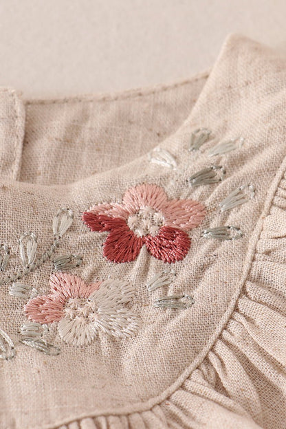 Linen Floral Embroidered Beige Ruffle Girl Bubble - Gibs+Grady