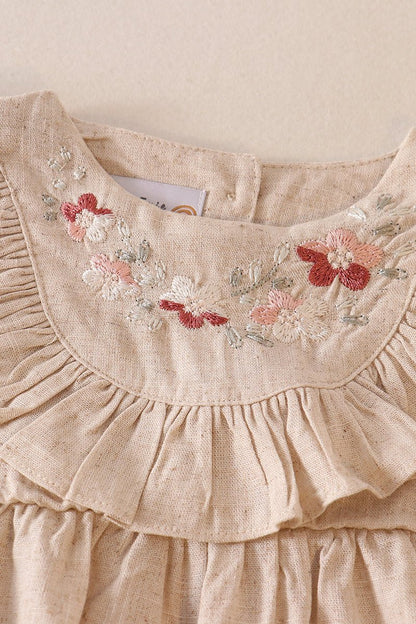 Linen Floral Embroidered Beige Ruffle Girl Bubble - Gibs+Grady