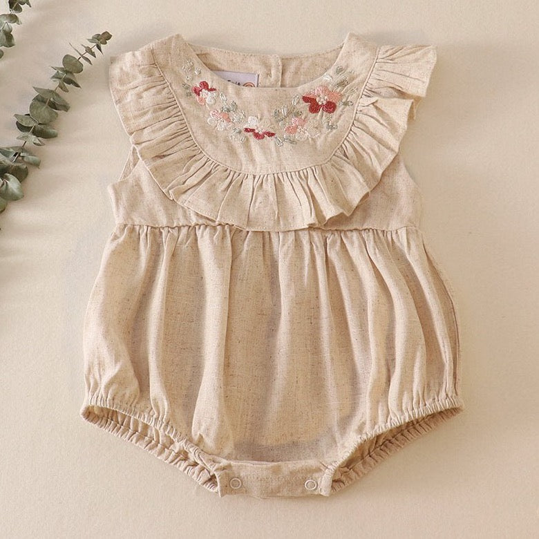 Linen Floral Embroidered Beige Ruffle Girl Bubble - Gibs+Grady