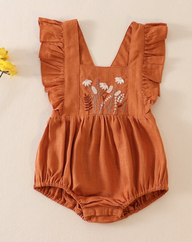 Linen Floral Embroidered Caramel Ruffle Bubble - Gibs+Grady