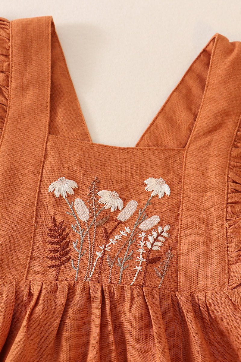 Linen Floral Embroidered Caramel Ruffle Bubble - Gibs+Grady