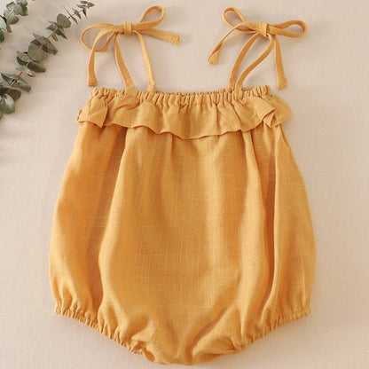 Linen Mustard Ruffle Strap Girl Bubble - Gibs+Grady