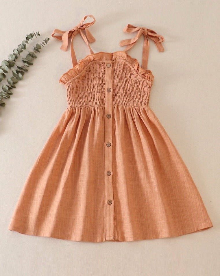 Linen Smocked Button Coral Dress - Gibs+Grady