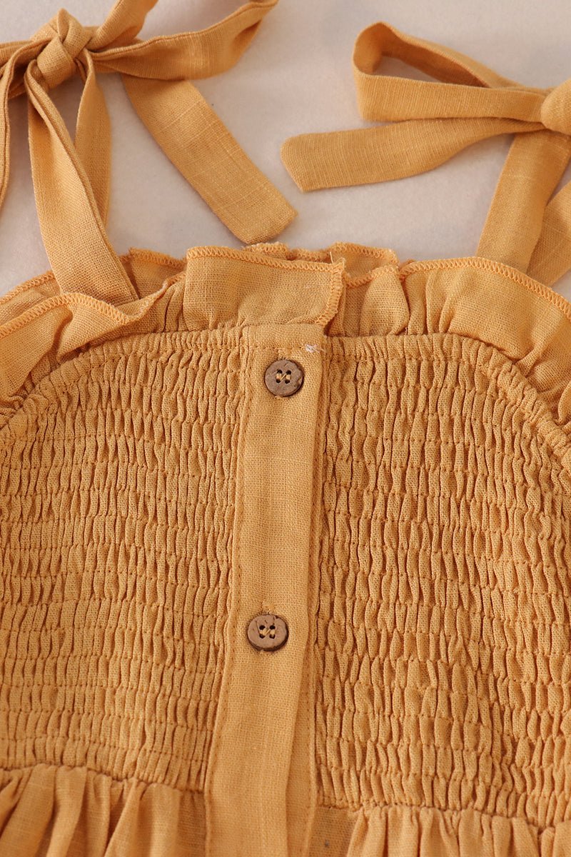 Linen Smocked Button Mustard Dress - Gibs+Grady