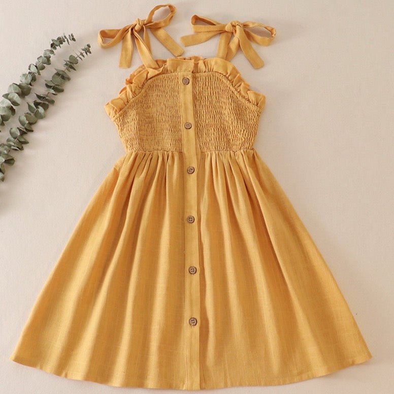 Linen Smocked Button Mustard Dress - Gibs+Grady