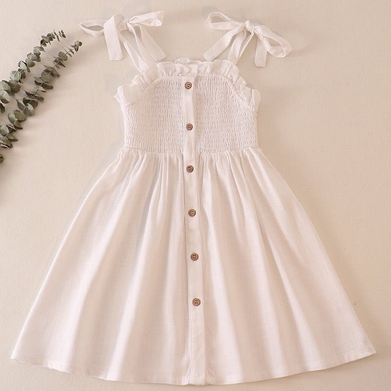 Linen Smocked Button White Dress - Gibs+Grady