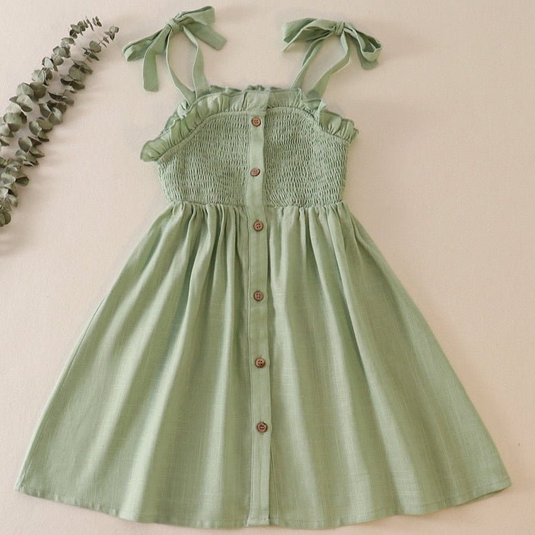 Linen Smocked Sage Button Dress - Gibs+Grady