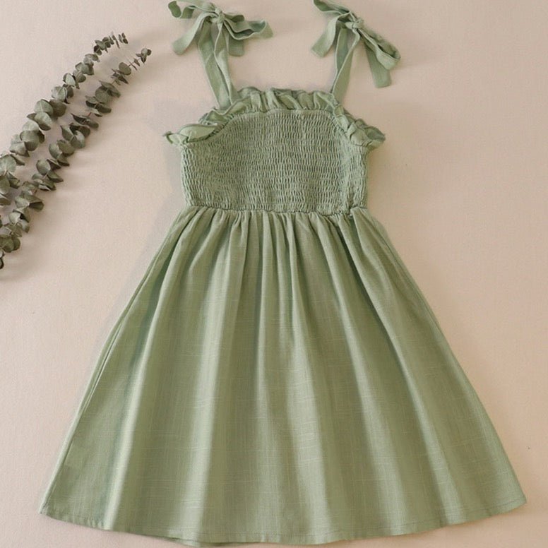 Linen Smocked Sage Button Dress - Gibs+Grady