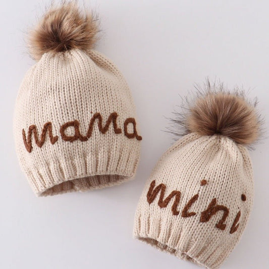 Mama + Mini Hand - Embroidered Pom Pom Beanie Hat - Gibs+Grady