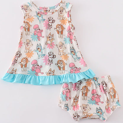 Blue Dog Character Print Ruffle Girl Bloomers Set