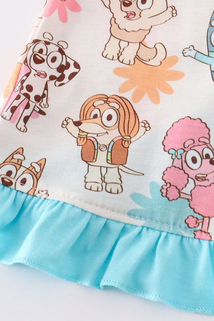 Blue Dog Character Print Ruffle Girl Bloomers Set