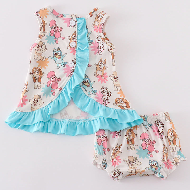 Blue Dog Character Print Ruffle Girl Bloomers Set