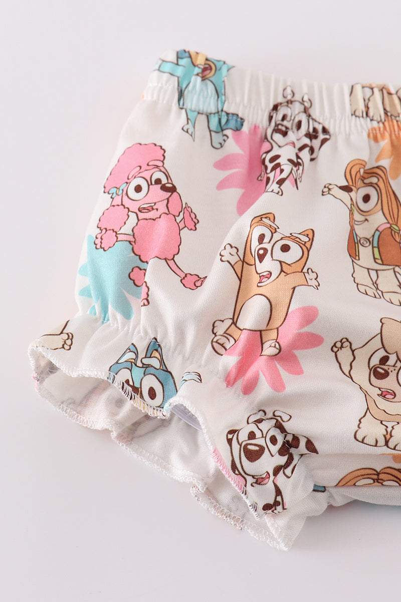 Blue Dog Character Print Ruffle Girl Bloomers Set