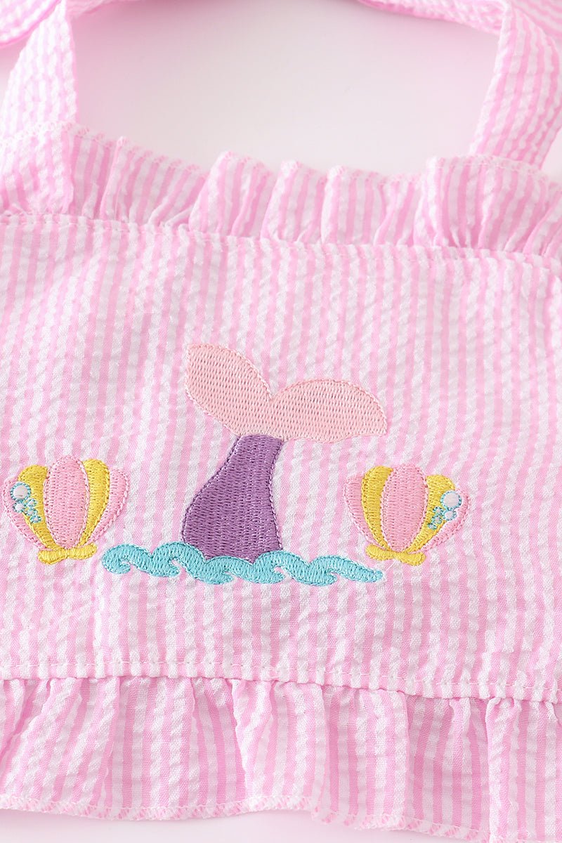 Mermaid Embroidered Pink Seersucker 2pc Swimsuit - Gibs+Grady