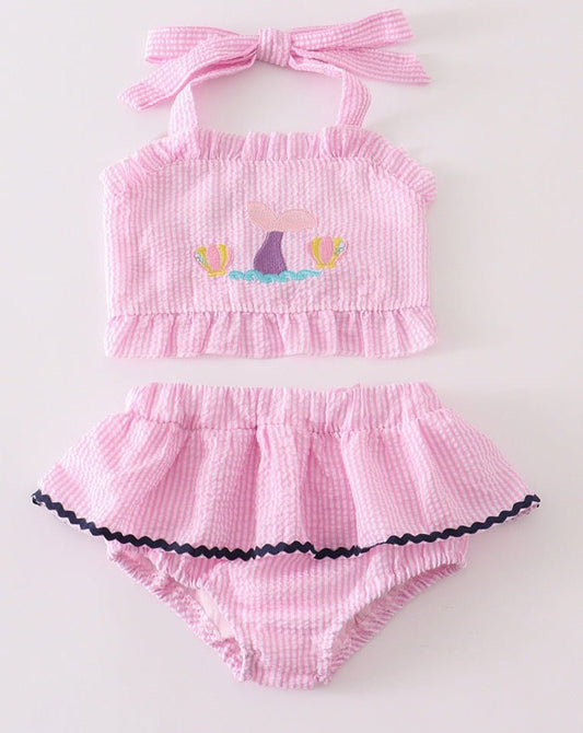 Mermaid Embroidered Pink Seersucker 2pc Swimsuit - Gibs+Grady