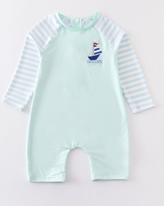 Mint Sailboat Embroidered Boy One - Piece Rashguard Swimsuit - Gibs+Grady