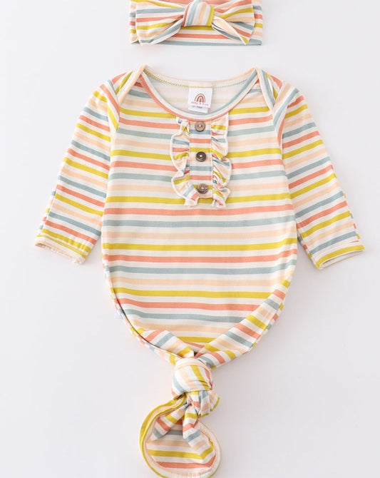 Multicolored Stripe Bamboo Baby Gown + Hat - Gibs+Grady