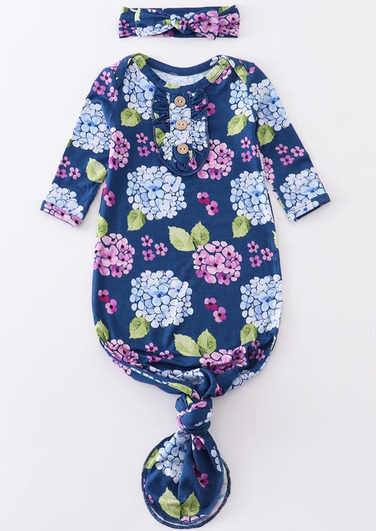 Navy Floral Print Bamboo Baby Gown - Gibs+Grady