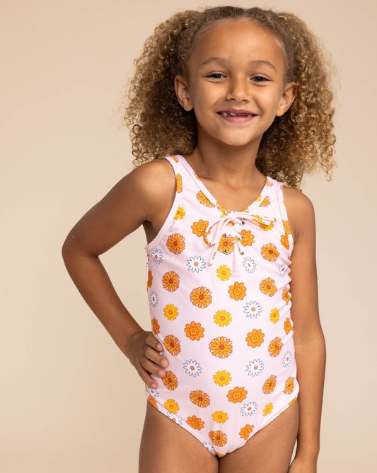 Orange Floral Print One Piece Girl Swimsuit - Gibs+Grady