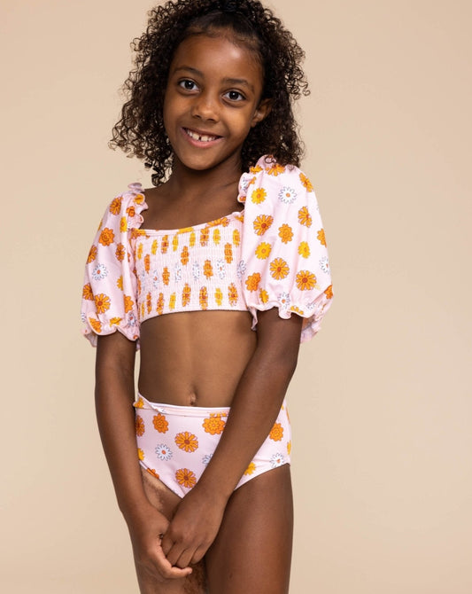 Orange Floral Print Smocked 2pc Girl Swimsuit - Gibs+Grady