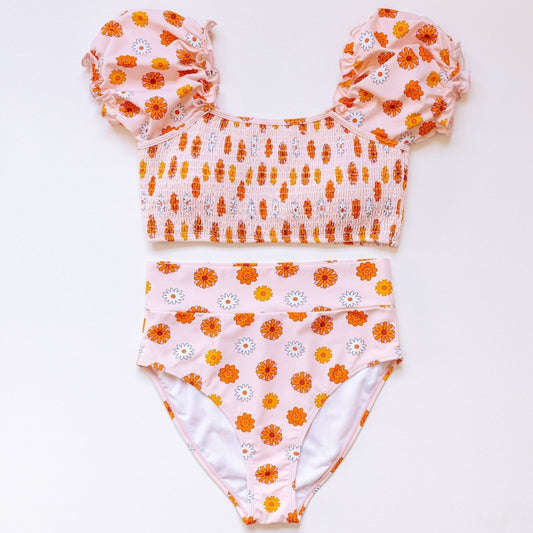 Orange Floral Print Smocked Bikini 2pc Women Swimsuit - Gibs+Grady