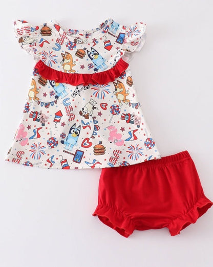 Patriotic Character Print Ruffle Baby Girl Set - Gibs+Grady