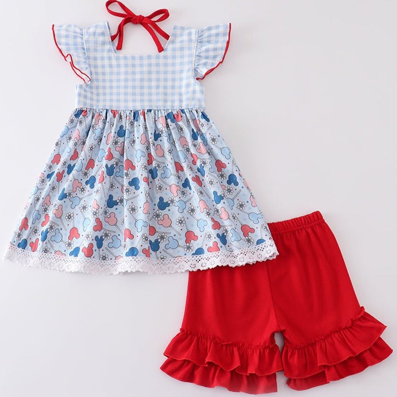 Patriotic Day Character Print Plaid Girl Set - Gibs+Grady