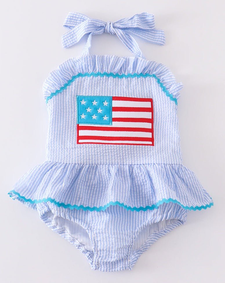 Patriotic Flag Applique Blue Seersucker 1pc Girl Swimsuit - Gibs+Grady