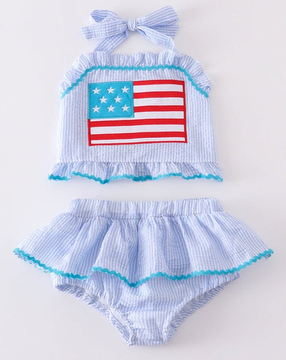 Patriotic Flag Applique Blue Seersucker 2pc Swimsuit - Gibs+Grady