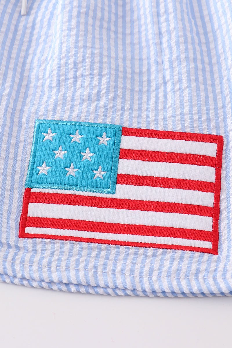 Patriotic Flag Applique Blue Seersucker Boy Swim Trunks - Gibs+Grady